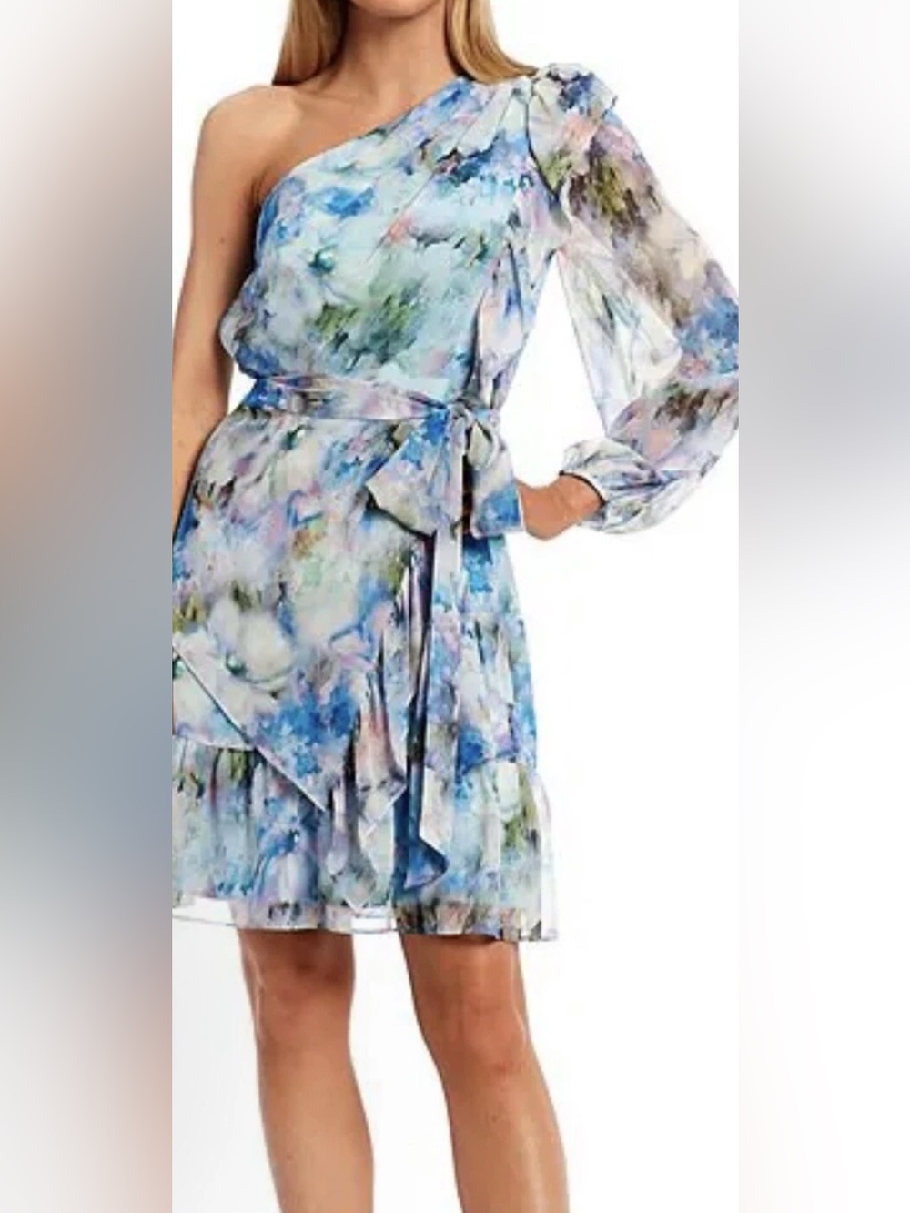 Alex Marie Sophie Dress Blue & Pink Floral Chiffon One Shoulder Faux Wrap 8 👍